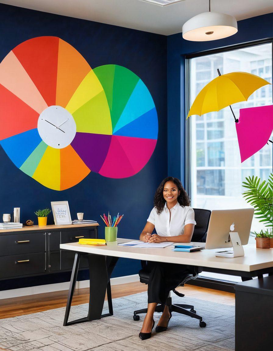A confident adult industry professional reviewing various insurance quotes in a modern office, surrounded by colorful charts and documents. The scene emphasizes financial empowerment and protection with symbols of safety, such as a shield or umbrella. Diverse professionals collaborate, showcasing inclusivity and trust. Bright and inviting atmosphere. super-realistic. vibrant colors. modern style.