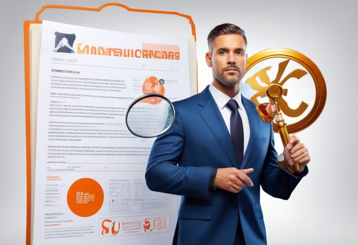 A vibrant, multi-layered scene depicting a confident adult entertainer standing in front of a large insurance policy document, holding a magnifying glass. Surround the figure with symbols of safety and security like shields and locks, while adding playful elements like spotlights and film reels in the background. Use bold colors to symbolize empowerment and professionalism. super-realistic. vibrant colors. white background.