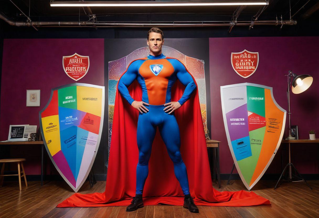 A dynamic scene depicting a confident adult performer in a vibrant studio, surrounded by various insurance documents and props related to the adult industry. Incorporate symbols of protection like a shield and a safety net in the background. Use warm lighting to create an inviting atmosphere, reflecting both professionalism and creativity. The adult performer is depicted with an empowering posture, showcasing strength and resilience. super-realistic. vibrant colors. 3D.